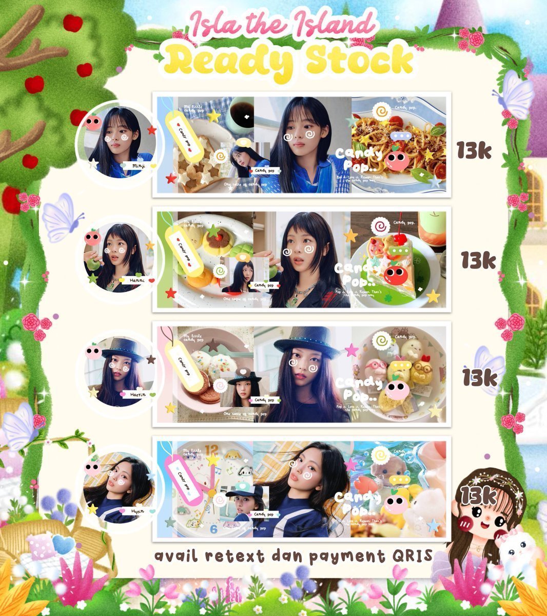 isluyx's tweet photo. ⸝⸝ꕤ help rt? makasih! 🍎⭐️

🍏🌸 aku ada ready stock layout newjeans yang bisa kamu miliki യ₊ 🧃🛝 ⊹  dengan harga SPESIAL only IDR. 10k 𓈒 🐹🌸 . . yuk dm aku buat jemput 𖦹 ♡🪁📮 payment QRIS yaa! 🚕 𖠗៸ avail for sponsorship! ⭐

❌ all haerin sold.
𓄹꒰💌꒱  #bealanja https://t.co/Xoo9cVmx2b