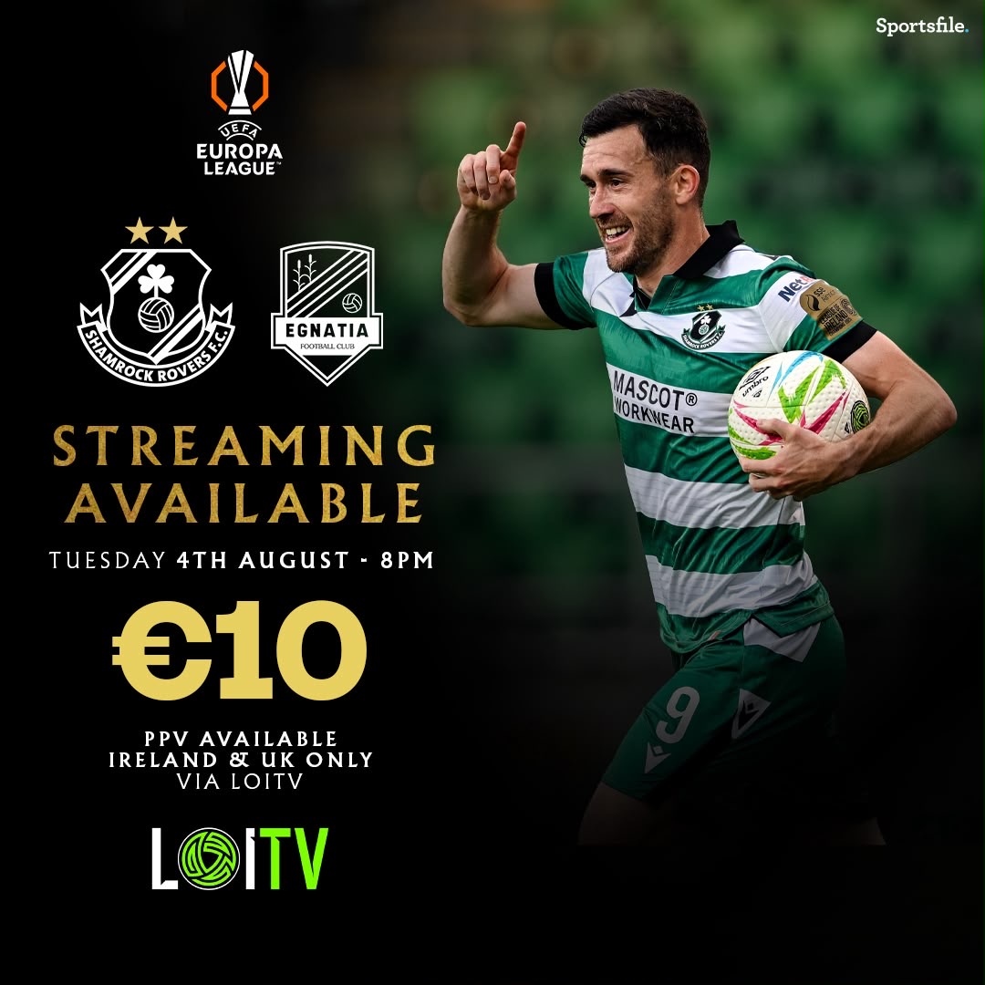 ShamrockRovers's tweet photo. 💻 Tonight's Europa League Qualifier is available to stream live on LOI TV, with kick
off set for 8pm

🌎 Accessible in the Republic of Ireland & UK 𝐨𝐧𝐥𝐲

🎙️ Con Murphy & Barry Murphy on commentary

🎟 Stream passes are available for €10

🔗 https://t.co/gDUbryHbcT

#RoversInEurope