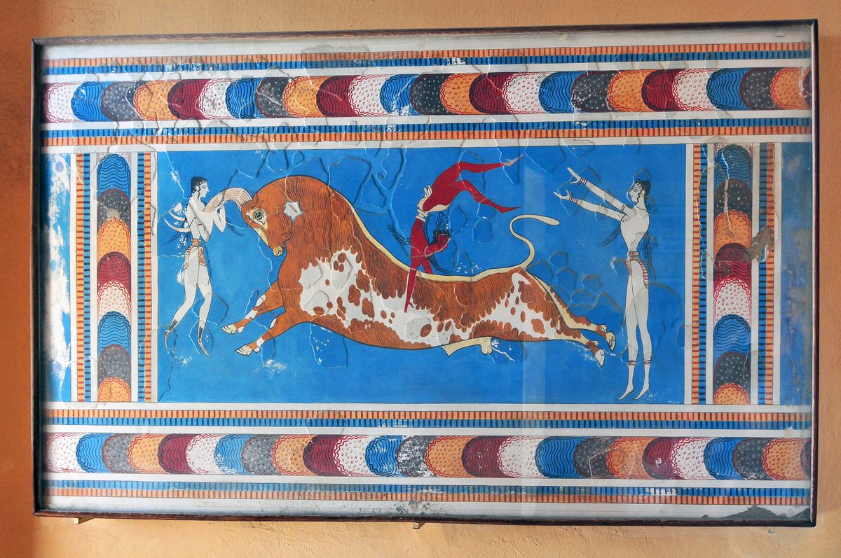 ghostofhellas's tweet photo. Bull‑Leaping Fresco (copy in situ), Knossos. Collection: Original fragments in the Heraklion Archaeological Museum. Photographer: Cezary Wojtkowski. https://t.co/oEjjeGww3r