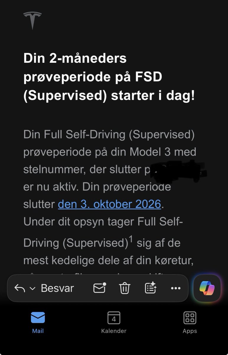 Wittcorell's tweet photo. Dejlig overraskelse at åbne mailen her til morgen.  

Tænker der er brug for flere km til bl.a. at sparke døren ind i flere lande.  #teslafsd #fsd #tesla https://t.co/jtG5nQz6PL