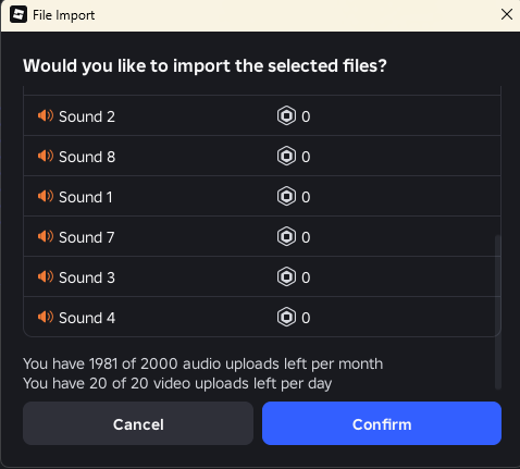 CoreyCcVault's tweet photo. if i hit my daily limit am i going to have to pay robux to upload more???

i was importing custom ui sound effects when i noticed this, was this always a thing or did roblox just roll this out.

#roblox #robloxdev https://t.co/OjGIoRj5RA