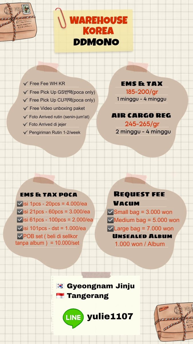dodolanemono's tweet photo. 🇰🇷 OPEN MEMBER WAREHOUSE KOREA 🇰🇷

🇰🇷gyeongnam,jinju
🇮🇩 Tangerang

✅️Free fee wh kr
✅️Free pick up GS반택/CU끼택 (poca only)
✅️Rate EMS + TAX 185-200/gr
✅️Arrived wh kr rutin
✅️Arrived wh kr di jejer
✅️pengiriman 1-2 kali / minggu

Detail boleh check gambar ⬇️ https://t.co/fp8qJGAvyN
