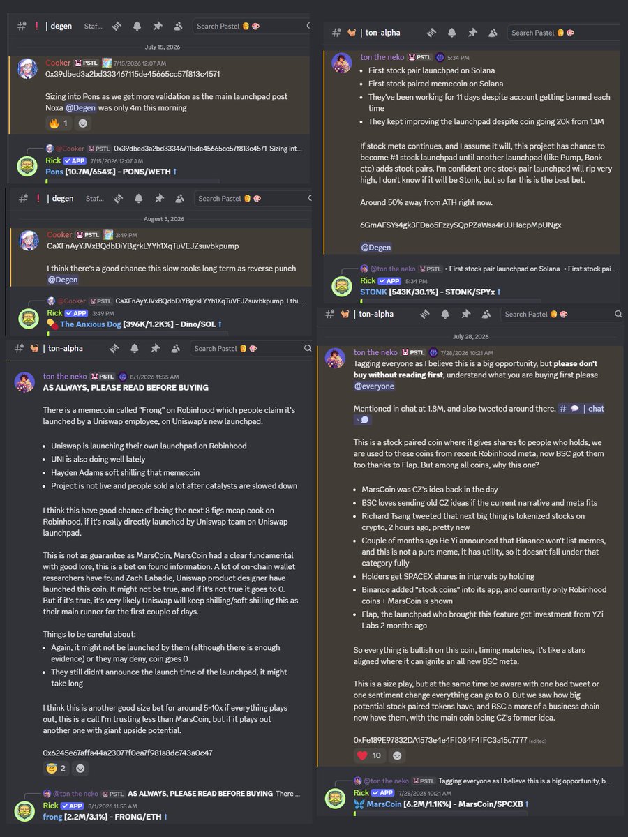 PastelAlpha's tweet photo. Pastel Alpha’s latest calls 🎯

Actual calls in our alert channels, pinging all members, not just scans.

$Dino 400K > 1.2M (3x)
$STONK 550K >  2.5M (5x)
$FRONG 2.2M > 8M (4x)
$MarsCoin 6.2M > 49M (8x)
$PONS 10.7M > 66.6M (6x)

Drop a comment if you need a free trial, or join below now 👇