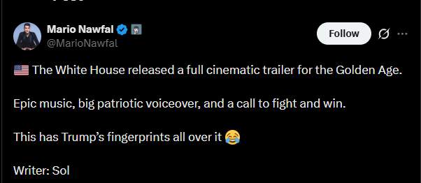 jncquant's tweet photo. HELLO?? DID WE ALL MISS THIS??

The White House Cinematic MOVIE WAS MADE BY SOL

Mario Nawfal JUST TWEETED IT

https://t.co/alnj5tW4mS https://t.co/xFEyKumf9W