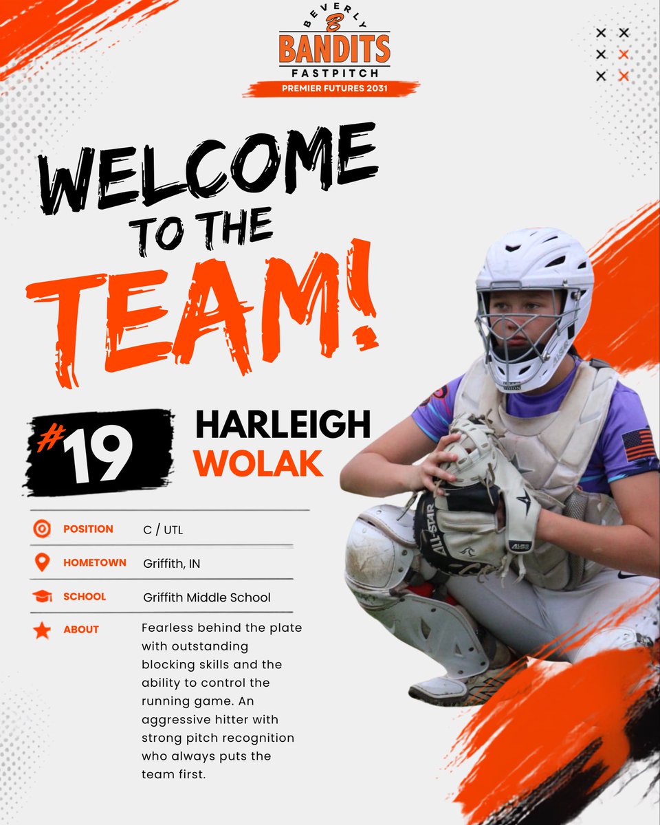 BevBandits2031's tweet photo. 🧡🖤 Welcome to the Bandits, Harleigh Wolak!

@harleighwolak19 joins Beverly Bandits Premier Futures 2031 as a C/UTL, bringing fearless defense behind the plate, a confident bat, strong pitch recognition, and a team-first mindset.

Welcome to Bandit Nation! 🥎 https://t.co/3IiUcxyMKV