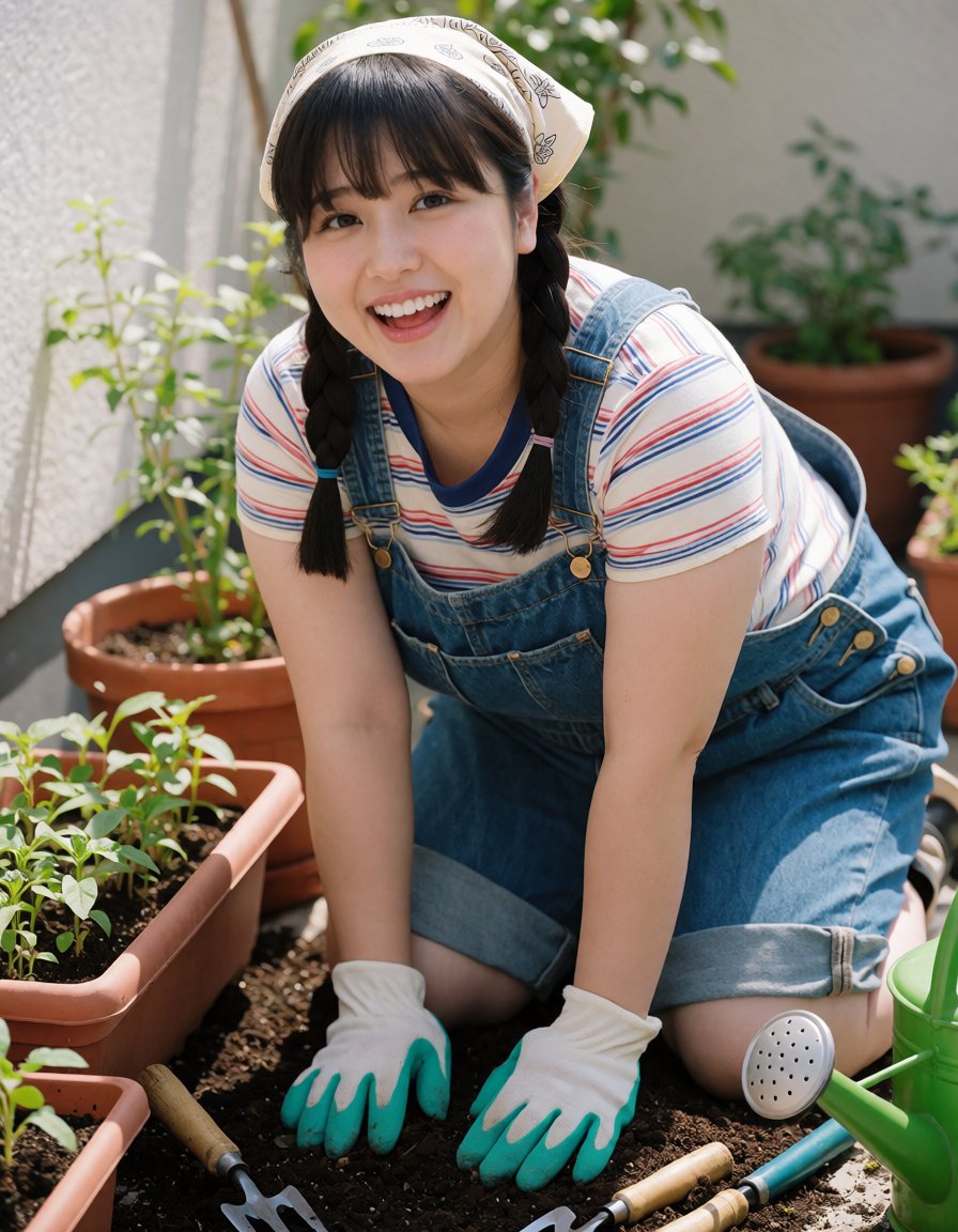 muchirakuen's tweet photo. 苗の植え替え中、いい笑顔が出ました。土いじりの日はいつもより機嫌がいい。オーバーオールに三つ編み、よく似合う。 #ぽっちゃり #ふともも #AI美女 https://t.co/W4JYg32iU3