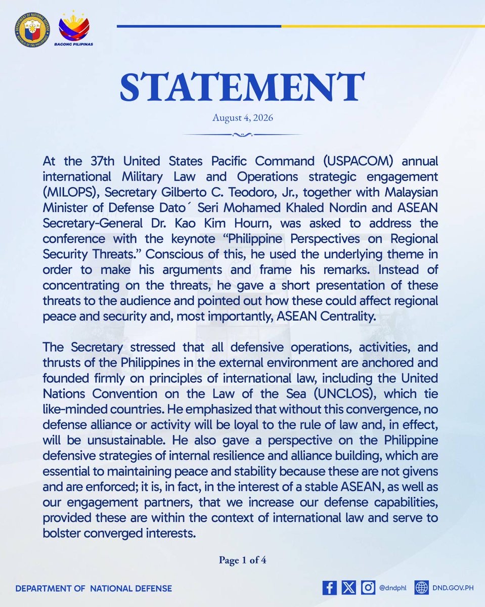 dndphl's tweet photo. READ | Official Statement on the 37th United States Pacific Command (USPACOM) annual international Military Law and Operations strategic engagement (MILOPS) 👇

#DNDPHL #BagongPilipinas #DiKaPasisiil https://t.co/q6D9MugXWT