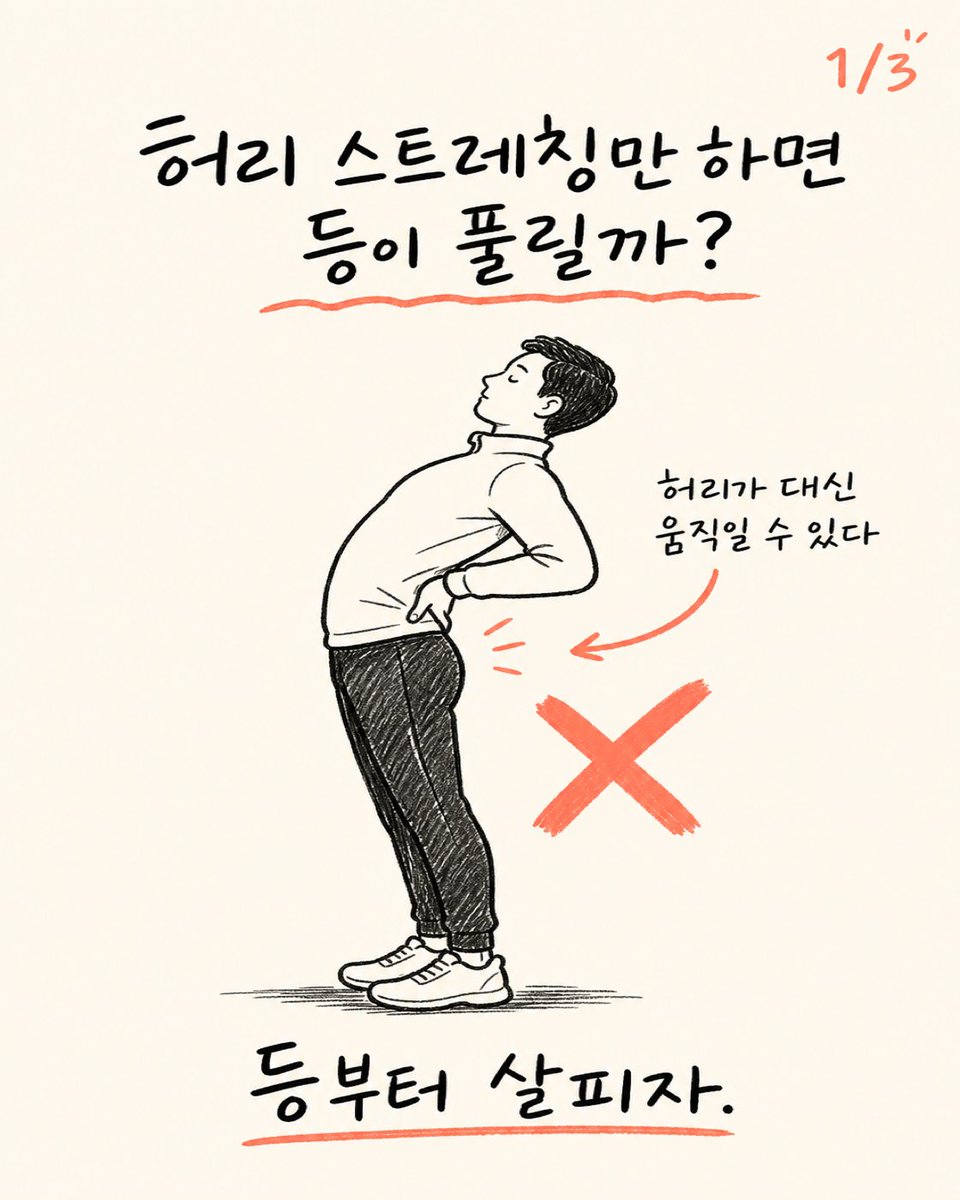 trainer_bryan_x's tweet photo. 허리 스트레칭만 하면 등이 굳은 느낌이 풀릴까?
등이 잘 움직이지 않으면 허리가 대신 움직이며 부담을 받을 수 있다.
허리보다 먼저 등을 회전하고 펴는 동작을 연습하자. https://t.co/XsGCE1caFI