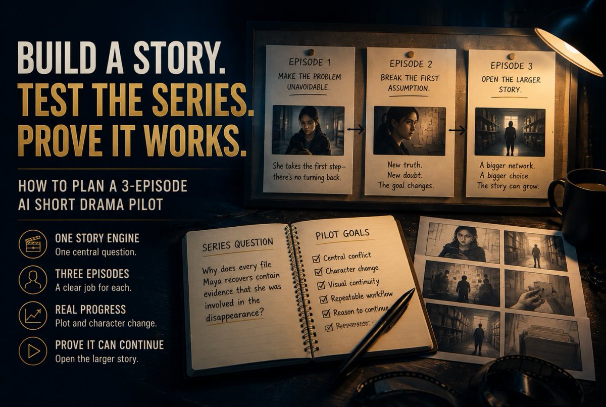 dramapilot's tweet photo. A 3-episode AI short drama pilot tests whether a story deserves more production: conflict, character change, reusable assets, and connected endings. Checklist: https://t.co/75deLgSb1k #AIDrama #DramaPilot https://t.co/0AW5CiOClA