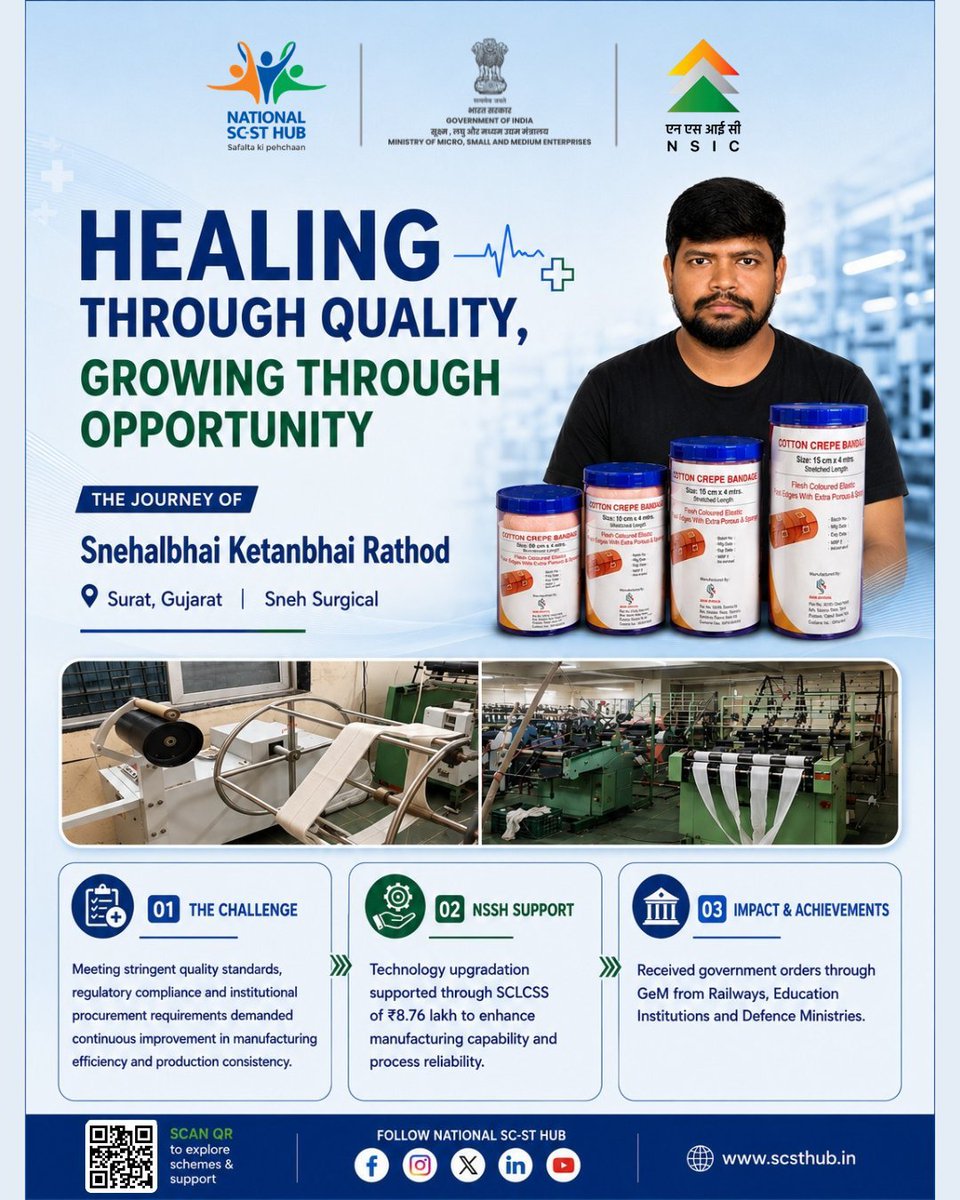 PIBIndiaMSME's tweet photo. Healing Through Quality, Growing Through Opportunity Sneh Surgical (Surat) leveraged ₹8.76 lakh SCLCSS support to upgrade manufacturing, improve quality standards, and strengthen process reliability. #MSME #NSIC
@PIB_India
@NSICLTD @PMOIndia @ShobhaBJP https://t.co/3VtgPuDwVW
