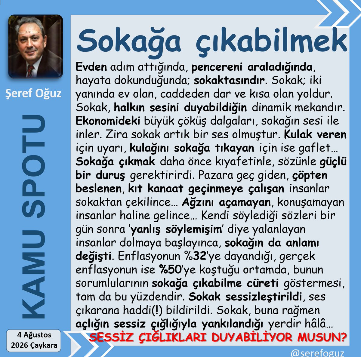 serefoguz's tweet photo. SOKAĞIN DİLİYLE 5 UYARI
1-Açlık en büyük kitle imha silahıdır
2-Sokak bu silahın yankılandığı yerdir
3-Sokağa kulağını tıkayan kaybeder
4-Sokağı sindirmiş olman yetmez
5-Sessizliğin sağır ediciliği seni bulur
#KamuSpotu #SerefOguz_KamuSpotu
#sokak #ses #açlık #çığlık @serefoguz