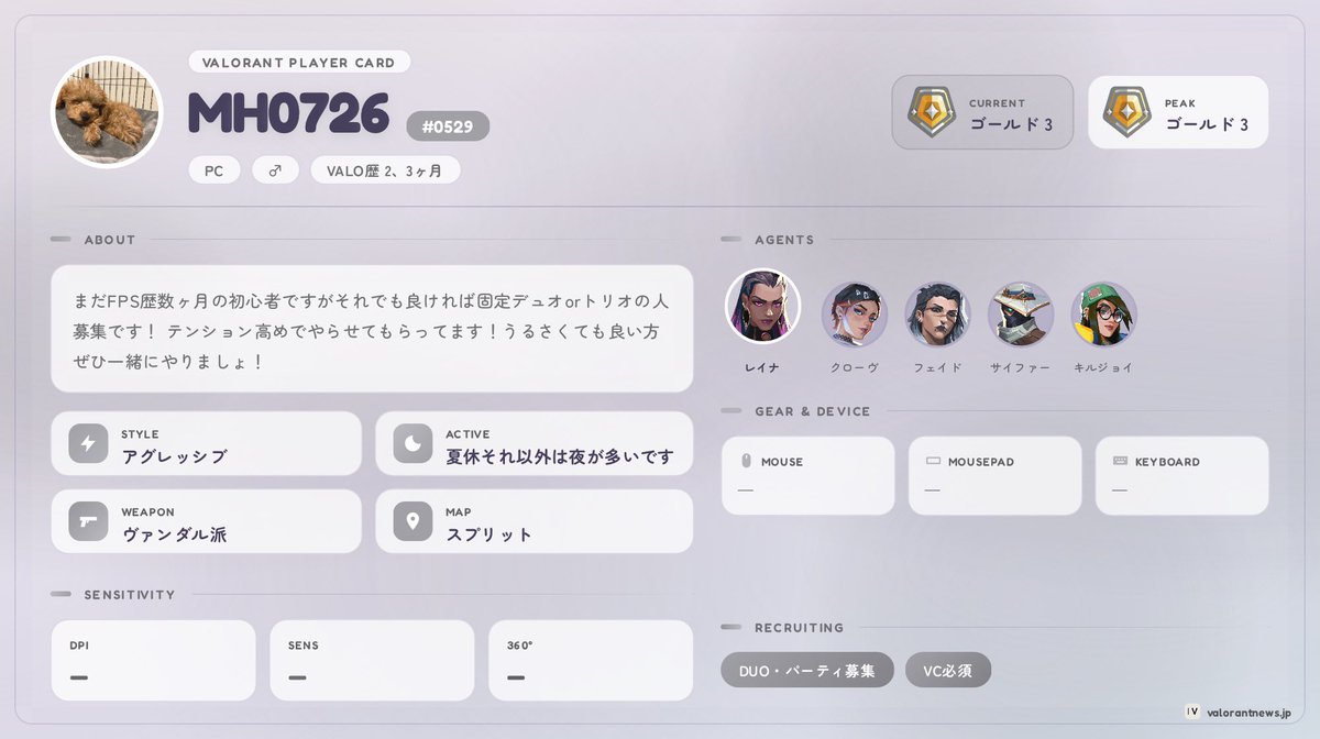 MH114514514's tweet photo. 固定で回せる方募集！主18です！
#VALORANT自己紹介カード https://t.co/kpxAlgKt7f