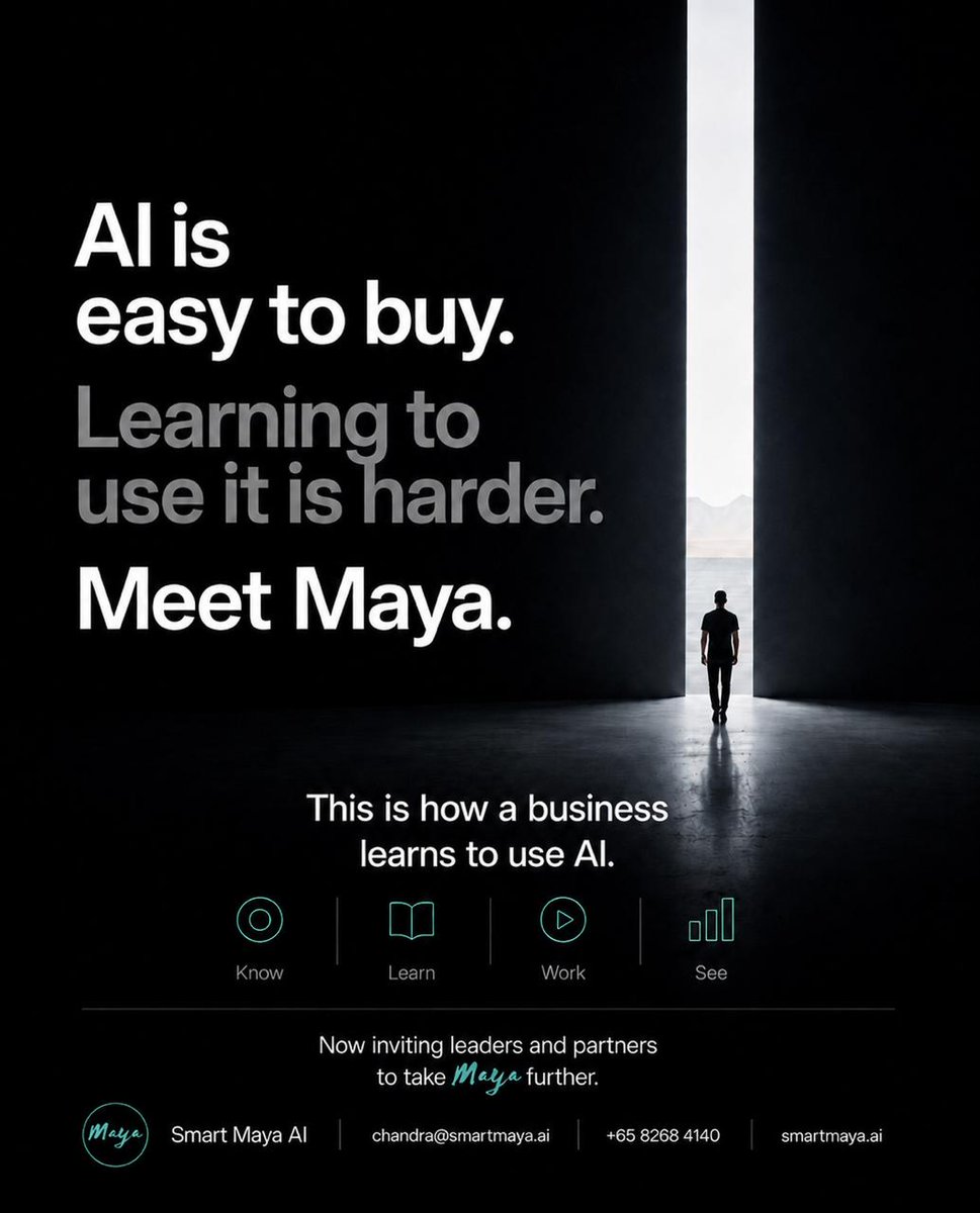 Hamsaspeaks's tweet photo. AI is easy to buy. Using it well is harder.

Smart Maya AI helps organisations build real AI capability over time, not just add another tool or workshop.

Partner with us to bring Maya into more businesses.

🌐 https://t.co/URO8BC4mbc | ✉️ chandra@smartmaya.ai
#SmartMayaAI https://t.co/MM9RUptftk