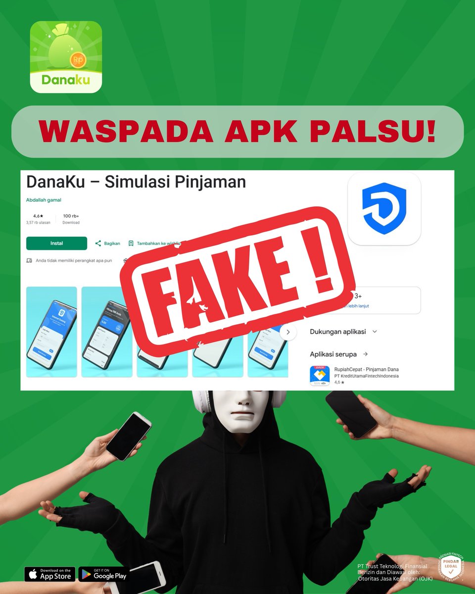 officialdanaku's tweet photo. 🚨 WASPADA APLIKASI PALSU MENGATASNAMAKAN DANAKU! 🚨

Sobat Danaku, tetap hati-hati sebelum mengunduh aplikasi, ya! Saat ini beredar aplikasi PALSU "DanaKu – Simulasi Pinjaman" yg mengatasnamakan Danaku.
Jangan sampai data pribadi terancam oleh pihak yg tidak bertanggung jawab! https://t.co/yqYIP0pvMO