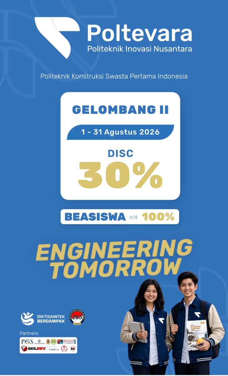 Fandyiood72gar's tweet photo. Indonesia Memanggil!
Putra/Putri terbaik!
Lanjutkan Pendidikan Tinggi dibidang Konstruksi dan Infrastruktur Masa Depan.
Mahasiswa POLTEVARA Angkatan 1 Tahun 2026

Website, https://t.co/V7DxO79bRX https://t.co/HiXCpvirJR