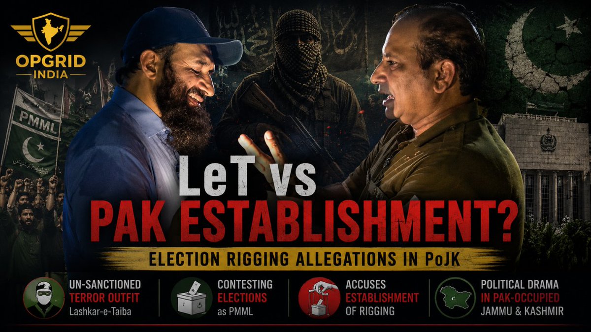 OpGridIndia's tweet photo. 🚨| LeT vs Pakistan's Establishment? UN-Sanctioned Terror Outfit's Leaders Allege Election Rigging In PoJK

"When even a state's own proxy network begins accusing the establishment of manipulating elections, the façade of democratic legitimacy starts to crack."

An extraordinary political spectacle is unfolding in Pakistan-occupied Jammu & Kashmir (PoJK).

Leaders associated with Pakistan Markazi Muslim League (PMML)—widely identified by Indian authorities as the political front of UN-designated terrorist organisation Lashkar-e-Taiba (LeT)—have publicly accused Pakistan's own establishment of rigging elections.

📍 LeT Leaders Turn Against Their Own Patrons?

Videos circulating online purportedly show Muzammil Hashmi, a senior LeT-linked figure, confronting police personnel over alleged electoral manipulation during the PoJK polls.

Separately, a conversation between a Punjab Police DSP and Hamid Hassan, identified as LeT's Lahore District Head, has also surfaced.

⚠️ An Extraordinary Admission

According to the purported conversation, Hamid Hassan reportedly states:

"Our 10,000 men were killed in Jammu & Kashmir. We didn't kill a single Pakistani."

If authentic, the remark is striking.

It portrays LeT's operational focus as directed almost exclusively beyond Pakistan's borders while simultaneously highlighting the group's participation in Pakistan's domestic political process through PMML.

🧠 From Proxy To Political Actor?

The developments raise a larger question.

For years, Pakistan has maintained before international forums that it has dismantled the infrastructure of proscribed terrorist organisations.

Yet if individuals linked to a UN-sanctioned terrorist ecosystem are openly contesting elections, confronting police over alleged rigging and participating in electoral politics, it points to a far deeper overlap between militancy, politics and the state apparatus.

🎯 Strategic Lens

The irony is difficult to ignore.

An organisation long accused of being nurtured by Pakistan's security establishment is now publicly accusing that very establishment of manipulating elections.

Whether these allegations reflect genuine fractures or competing interests within Pakistan's power structure, they expose the contradictions surrounding the political rehabilitation of groups linked to proscribed terrorist networks.

When a UN-designated terror ecosystem becomes part of an electoral dispute, the issue extends beyond domestic politics—it raises fundamental questions about Pakistan's compliance with its international counter-terror commitments.

#Pakistan #PoJK #LashkarETaiba #PMML #FATF #UNSC #OpGridIndia