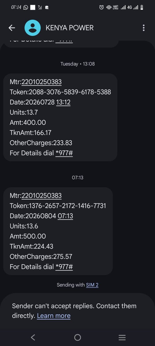 GreyRodgers's tweet photo. @KenyaPower_Care bei ya token imepanda within one week? 28th July, 400 gave me 13.7 units, today 500 gives me even way less.. hii sio wizi? https://t.co/rlXMkc6jif
