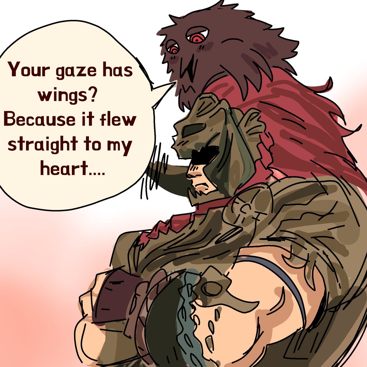 Demonhonho's tweet photo. "Pls draw Yoru (birdform) trying to flirt Radahn (the guy from Elden Ring)" 

Strange request, but here 

 https://t.co/eQzbDSItiq https://t.co/Ge9HcFGXDe