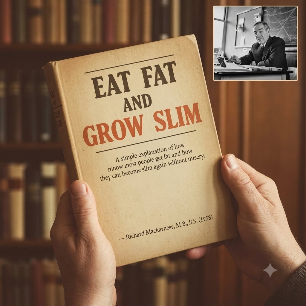 SamaHoole's tweet photo. Eat Fat and Grow Slim is remembered as a quack diet book. Its foreword states that the body must have protein and animal fat and has no need of carbohydrate at all.

That foreword was written by Sir Heneage Ogilvie.

- Consultant surgeon at Guy's Hospital.
- Editor of The Practitioner.
- Late Vice-President of the Royal College of Surgeons.
- Knight Commander of the Order of the British Empire.

Not, then, a man in a shed.

Look hard at the second line. Ogilvie edited the journal your family doctor actually read. He was deciding what British GPs thought that month, and he spent his foreword telling them to eat fat.

The diet underneath it is heavier than anyone assumes.

- Three parts lean meat to one part visible fat.
- Six to nine ounces of lean, two to three of fat, three times daily.
- About eighty per cent of calories from fat.
- Eggs, bacon, kidneys, steak fried in butter, cheese, cream.
- No bread, no biscuits, no sugar, no potato.
- Eat to appetite. Count nothing.

Mackarness ran it on himself for three weeks while writing the book and lost three pounds by accident, which he reports almost apologetically.

The serious result came off a hospital ward. Professor Alan Kekwick at the Middlesex let him publish a case. A man of 46, admitted in 1952 at twenty stone twelve, blood pressure high.

February 1953, sixteen stone five. April, fourteen stone ten. October, eleven stone twelve, blood pressure normal, feeling much fitter.

Then they took him off it and gave him his carbohydrate back. By 1956 he was fourteen stone seven and the blood pressure had returned with the bread. He asked to go back on the fat.

Nine stone, on and off a man, printed in 1958 with the professor's blessing.

British medicine did not turn on this book because it knew better. In 1958 a great deal of it agreed, in writing, on headed paper.

What did it learn between then and 1970, and who taught it?