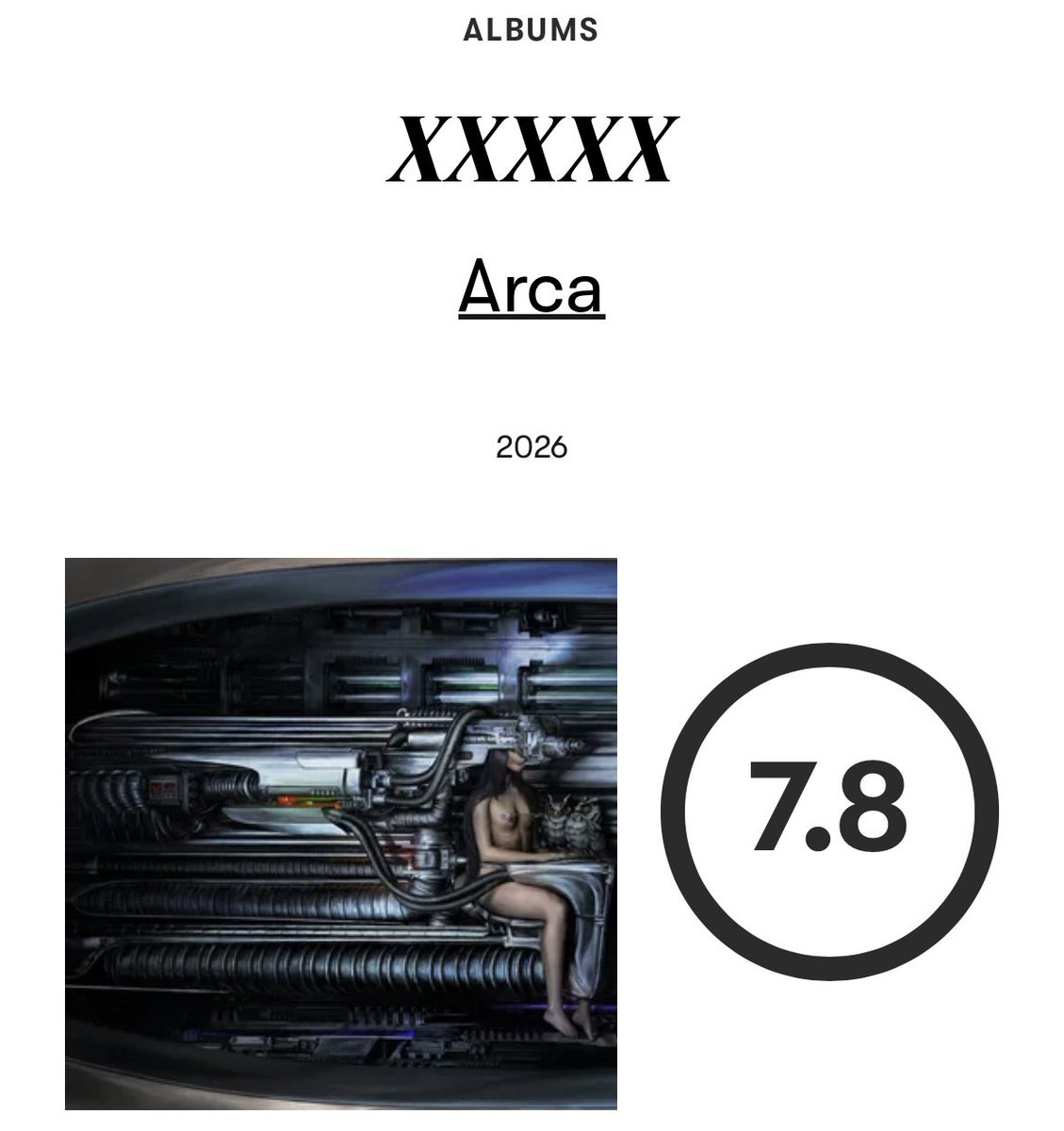 iriptheslitt's tweet photo. arca’s ‘XXXXX’ has been given a score of 7.8/10 by pitchfork https://t.co/JFGV5cS3pi