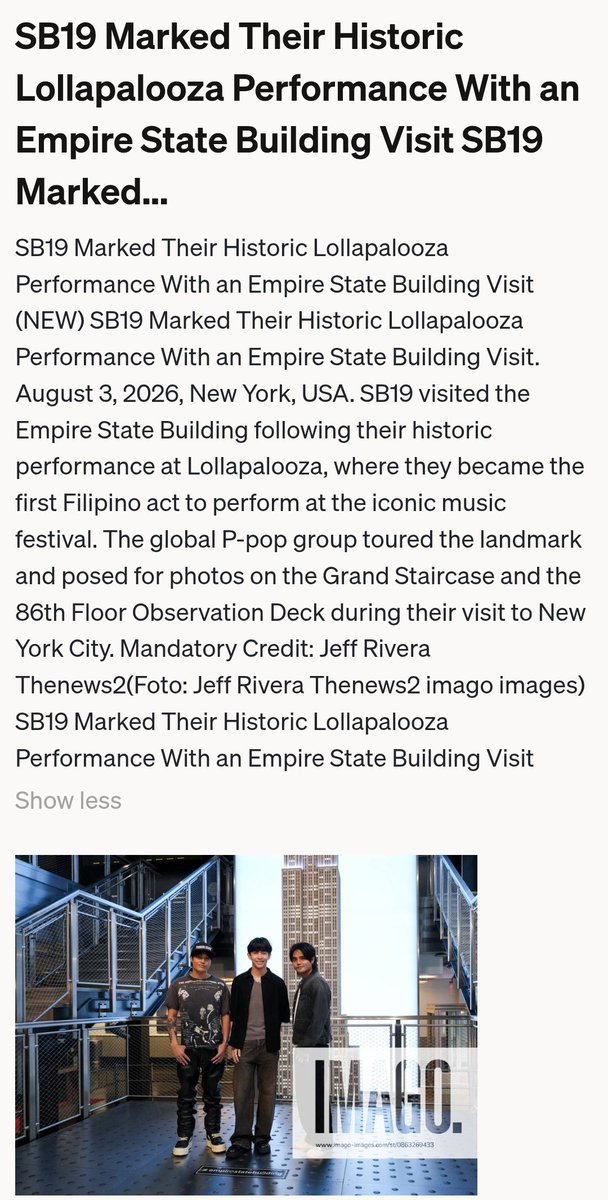marjforjah's tweet photo. LOOK: Fresh from their historic Lollapalooza 2026 debut in Chicago, SB19's Ken, Justin and Pablo visits Empire State Building in New York City.

🔗https://t.co/bMnaJ3D926

SB19 IN NEW YORK 
@SB19Official #SB19 https://t.co/1i8v3VEcLV