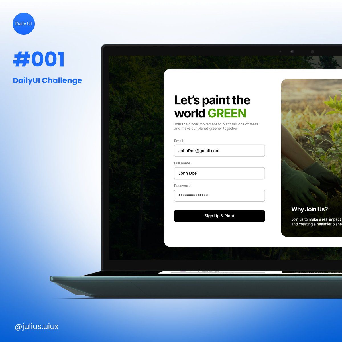 julius_uiux's tweet photo. DailyUI: 001 - Sign Up 🍃

8/4/26

Starting my Daily UI Challenge to sharpen my UI/UX design skills and build consistency. Kept this one clean and simple, with a focus on clarity and an easy sign-up experience. Always open to feedback!

#DailyUI #UIDesign #UXDesign #UIUX #Figma https://t.co/GFTEJD8zxn