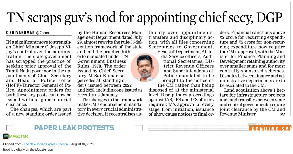 shivakumar_tnie's tweet photo. TN has ended the requirement that appointments of the Chief Secretary and Head of Police Force (HoPF) / DGP be routed through Raj Bhavan for prior approval, removing Governor from a role in state's 2 top senior administrative and police posts @NewIndianXpress @CMOTamilnadu https://t.co/fXg8rPy4jD