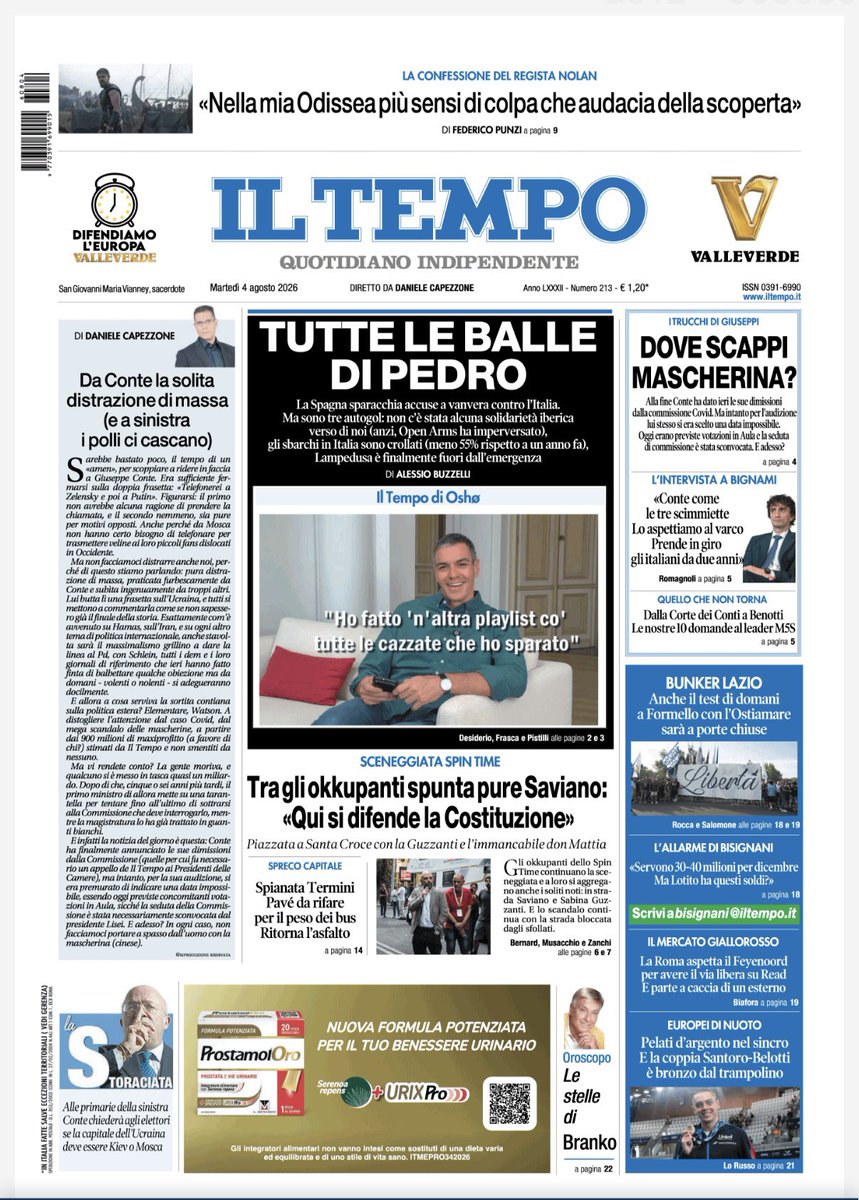 Capezzone's tweet photo. TUTTE LE BALLE DI PEDRO 
La Spagna sparacchia accuse a vanvera contro l’Italia. Ma sono tre autogol: non c’è stata alcuna solidarietà iberica verso di noi (anzi, Open Arms ha imperversato), gli sbarchi in Italia sono crollati (meno 55% rispetto a un anno), e Lampedusa è finalmente fuori dall’emergenza 

***

DOVE SCAPPI, MASCHERINA?

Scappa e sfugge fino all’ultimo. Alla fine Conte ha preannunciato ieri le sue dimissioni dalla Commissione Covid. Ma intanto per la sua audizione si era scelto una data impossibile, essendo oggi previste concomitanti votazioni in Aula, sicché la seduta della Commissione è stata sconvocata. E adesso?

Intervista a Galeazzo Bignami (Fdi)

Le nostre 10 domande 

***

SPIN TIME, CI MANCAVA SOLO SAVIANO…