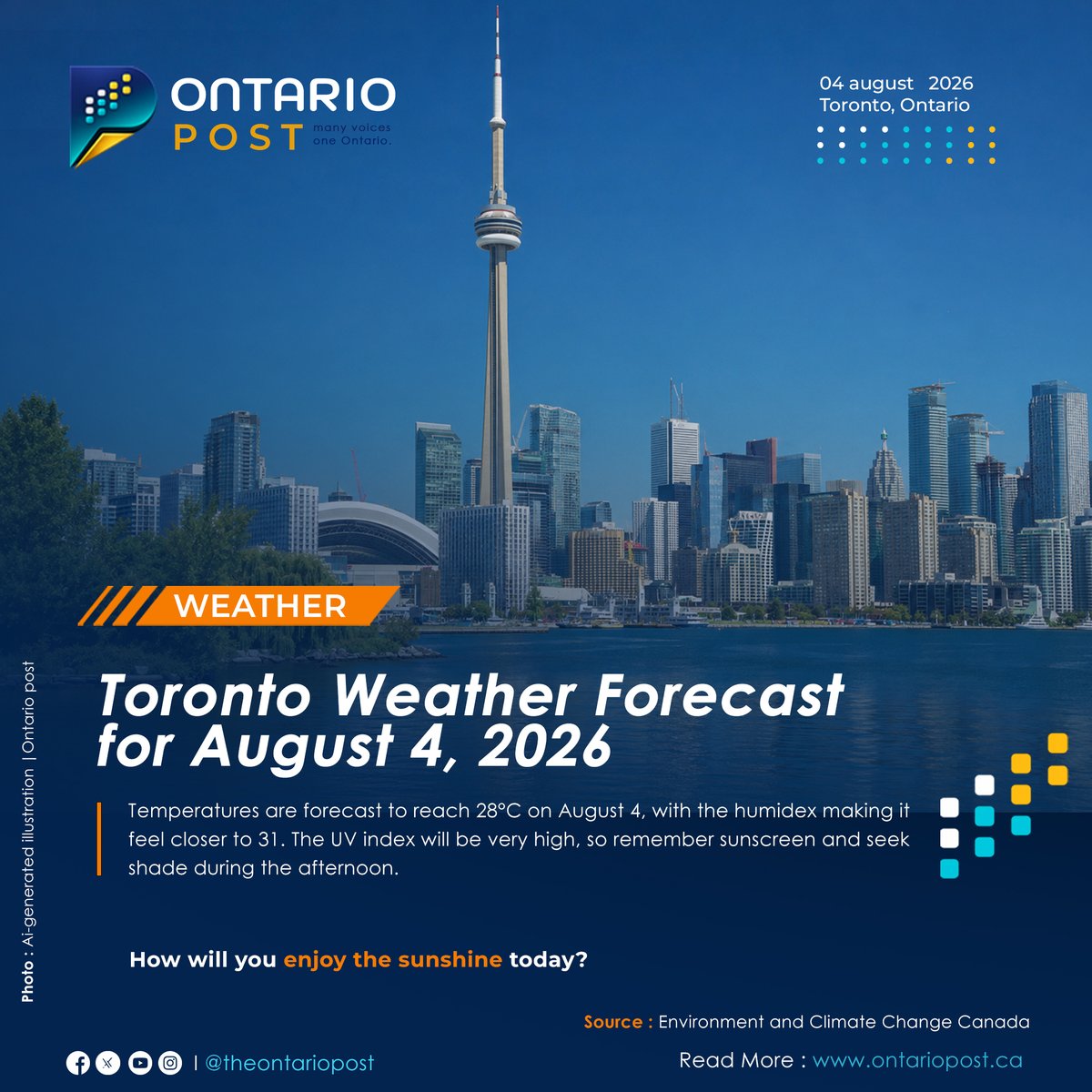 TheOntarioPostM's tweet photo. Toronto is in for a sunny and hot Tuesday.
https://t.co/5z3vWyw6b4
Source: Environment and Climate Change Canada
#TorontoWeather #TorontoForecast #OntarioWeather #SummerInToronto #AugustWeather #OntarioPost https://t.co/6wydqzb9uD