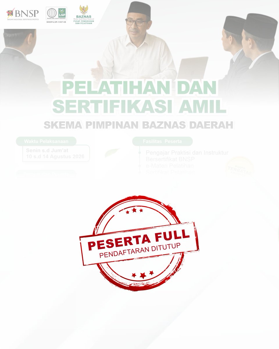 LspBaznas's tweet photo. 📢 PENDAFTARAN RESMI DITUTUP! 

Alhamdulillah, terima kasih atas antusiasme luar biasa dari seluruh calon peserta pelatihan dan sertifikasi amil zakat Skema Kualifikasi 3 Bidang Pengelolaan Zakat dan Skema Pimpinan BAZNAS Daerah dari seluruh penjuru tanah air. https://t.co/BGpmKAEK8t