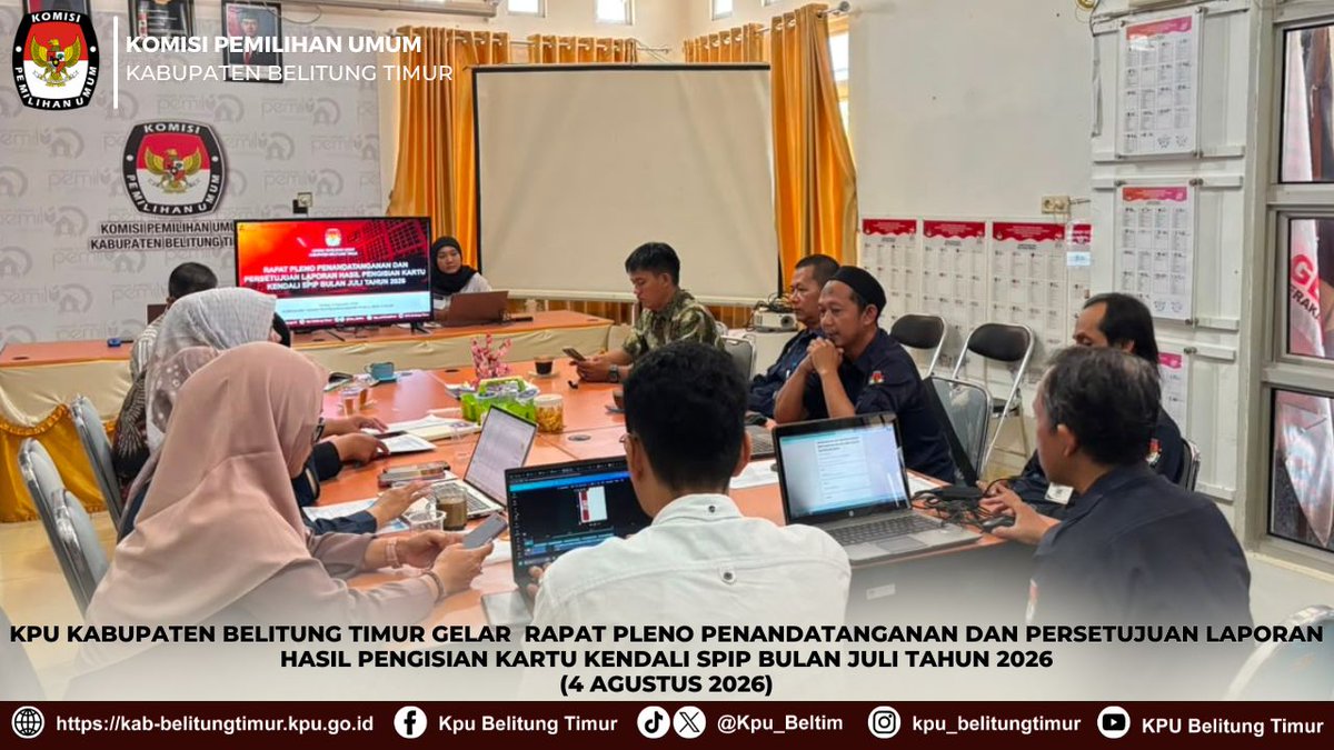 Kpu_Beltim's tweet photo. #TemanPemilih, Komisi Pemilihan Umum (KPU) Kabupaten Belitung Timur menggelar Rapat Pleno Penandatanganan dan Persetujuan Laporan Hasil Pengisian Kartu Kendali SPIP Bulan Juli Tahun 2026 pada Jumat (4/8/2026).

#KPUMelayani https://t.co/GkrzghoOz2