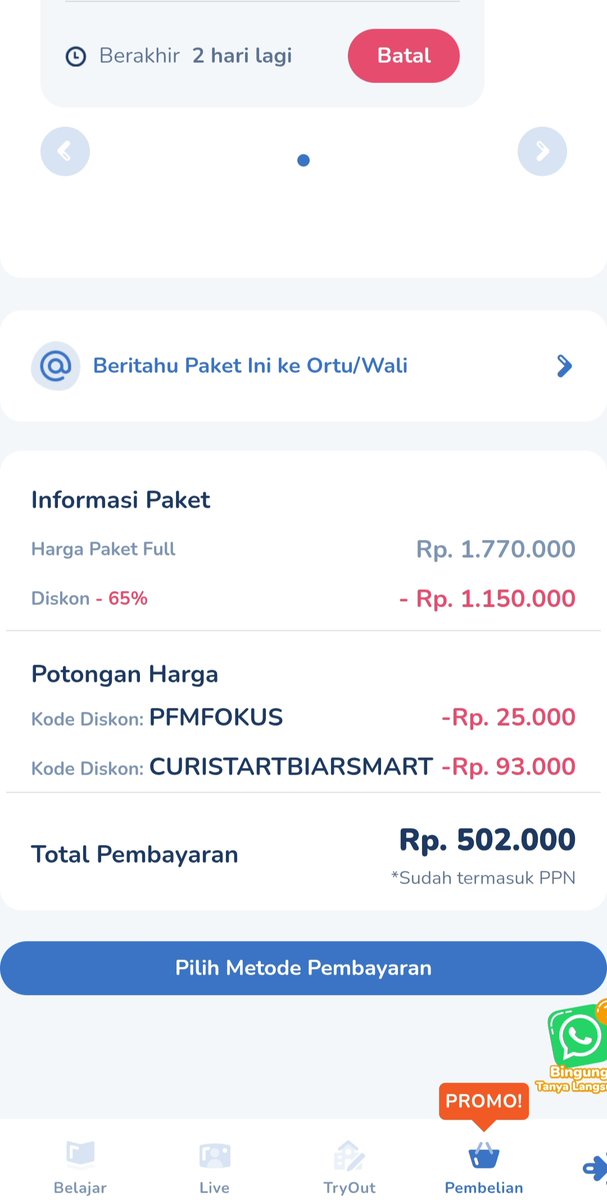 pfmfokus's tweet photo. 4⃣Tambahkan kode PFMFOKUS dan klik kode CURISTARTBIARSMART di kolom Kode Promo/Referral, setelah itu kamu akan mendapatkan potongan harga sesuai pricelist👆
5️⃣Terakhir, klik Metode Pembayaran

Nb: Kode Diskon bisa kamu gunakan di semua paket

Boleh banget kalau mau tanya di DM 😊 https://t.co/u0SzOy9gEd