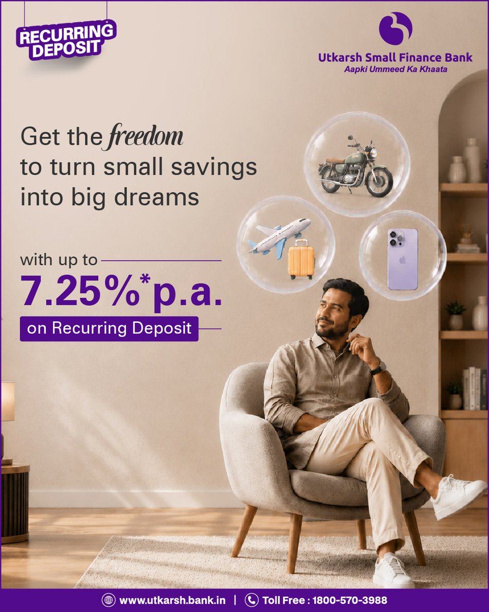 Utkarshsfbl's tweet photo. Freedom isn't always a big leap, sometimes it's a small, consistent habit.
Start a Recurring Deposit today with Utkarsh Small Finance Bank.
#recurringdeposit #savesmart #financialfreedom #utkarshsmallfinancebank #bfsi https://t.co/7BBwl0X8Ug