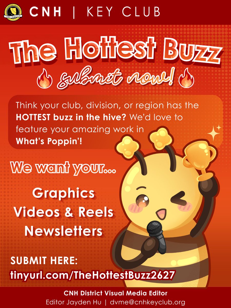 CNHKeyClub's tweet photo. Whether it’s an eye-catching graphic, an amazing video or reel, or a buzz-worthy newsletter, showcase your hard work in the Hottest Buzz application for a chance to be featured in What’s Poppin! 🎥

⬇️⬇️
📎 https://t.co/N9QjaMzk5W

We can’t wait to see what’s buzzing! https://t.co/1qLM4bPR1r
