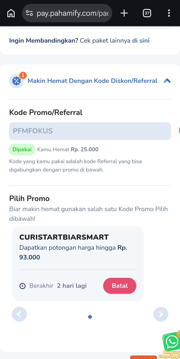 pfmfokus's tweet photo. 4⃣Tambahkan kode PFMFOKUS dan klik kode CURISTARTBIARSMART di kolom Kode Promo/Referral, setelah itu kamu akan mendapatkan potongan harga sesuai pricelist👆
5️⃣Terakhir, klik Metode Pembayaran

Nb: Kode Diskon bisa kamu gunakan di semua paket

Boleh banget kalau mau tanya di DM 😊 https://t.co/u0SzOy9gEd