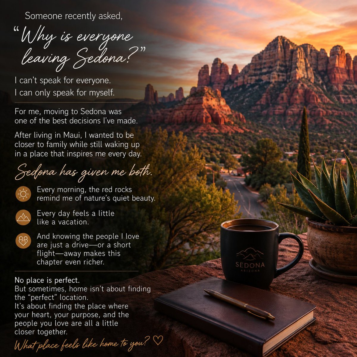 TheGuideAlDiaz's tweet photo. "Why is everyone leaving Sedona?"

I can't speak for everyone.

I can only speak for myself.

For me, moving to Sedona was one of the best decisions I've made.

After living in Maui, I wanted to be closer to family while still waking up in a place that inspires me every day. https://t.co/vboVTwZN1X