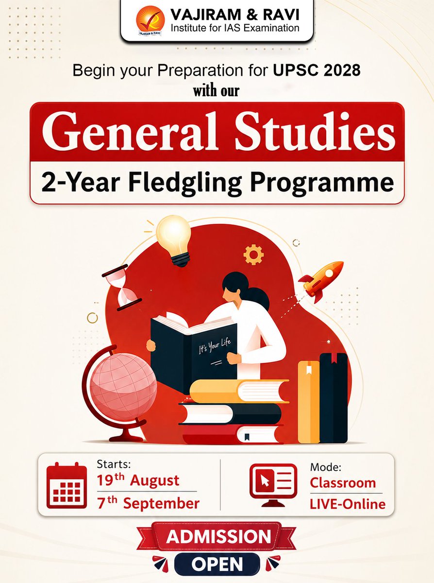 VajiramRavi's tweet photo. General Studies 2-Year Fledgling Programme for UPSC CSE 2028.
19th August & 7th September
π To Know More: https://t.co/tlGexKNRnx
π For more details, contact us at: 080-622-063-30
#UPSC2028 #UPSCPreparation #GeneralStudies #VajiramAndRavi https://t.co/XS3W3ftLgT