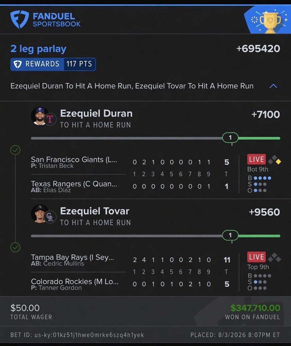 Bettypicks_'s tweet photo. Sometimes all you need is 2 swings. ⚾️
$50 ➡️ $347,710 💰
HR parlays have been treating us right. 🚀 https://t.co/f0fePNAWQa
