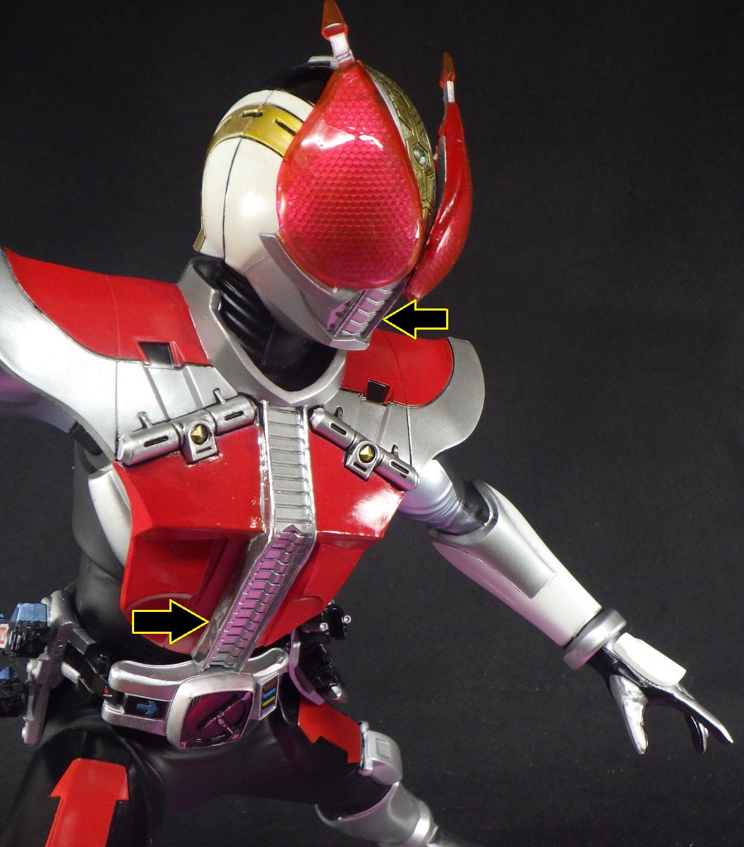 n_blood7's tweet photo. ＃百聞は一見に如かず

先月末HGSさんの記事でメタルカラーの
塗装法を読んで強く感銘を受けてた所
https://t.co/nuufdKpMSL
丁度仮面ライダー電王の再塗装で
グリーンスタッフワールドの
クロムメタルを溶媒液で溶いて
画像矢印部に筆で塗ったところ
素晴らしい効果に感動✨
手で触っても大丈夫！ https://t.co/MX9KDFFbVV