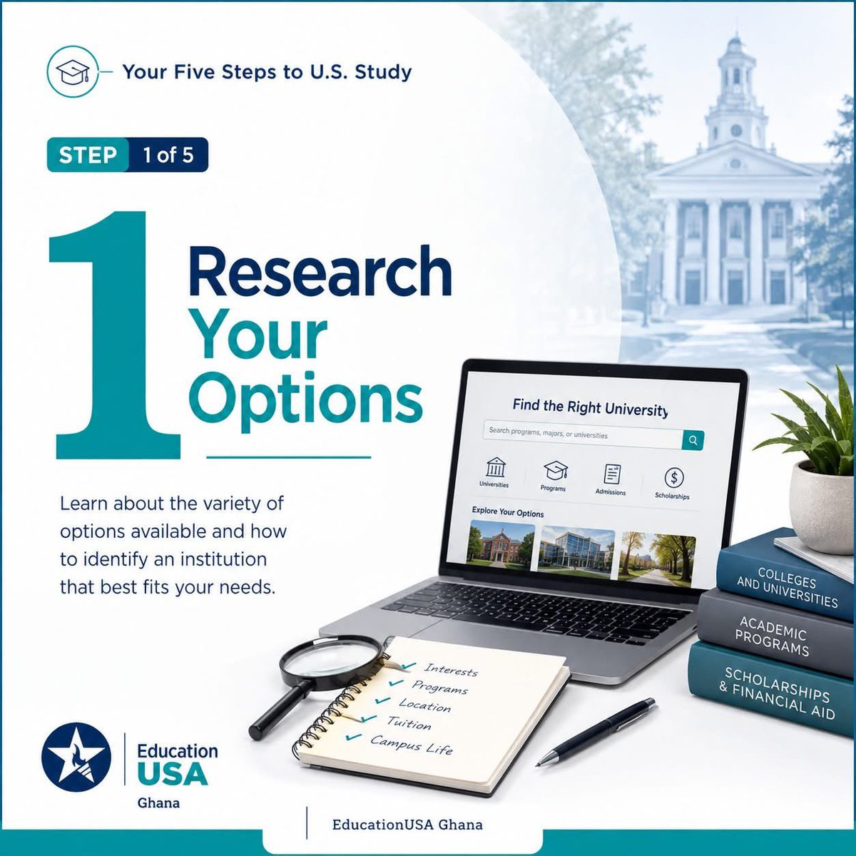 EdUSAGhana's tweet photo. Planning to pursue a degree in the United States? EducationUSA’s Five Steps to U.S. Study provides the trusted guidance and resources you need—from exploring your options to preparing for departure.
#EducationUSA #studyinamerica https://t.co/RTaMZnXlEB