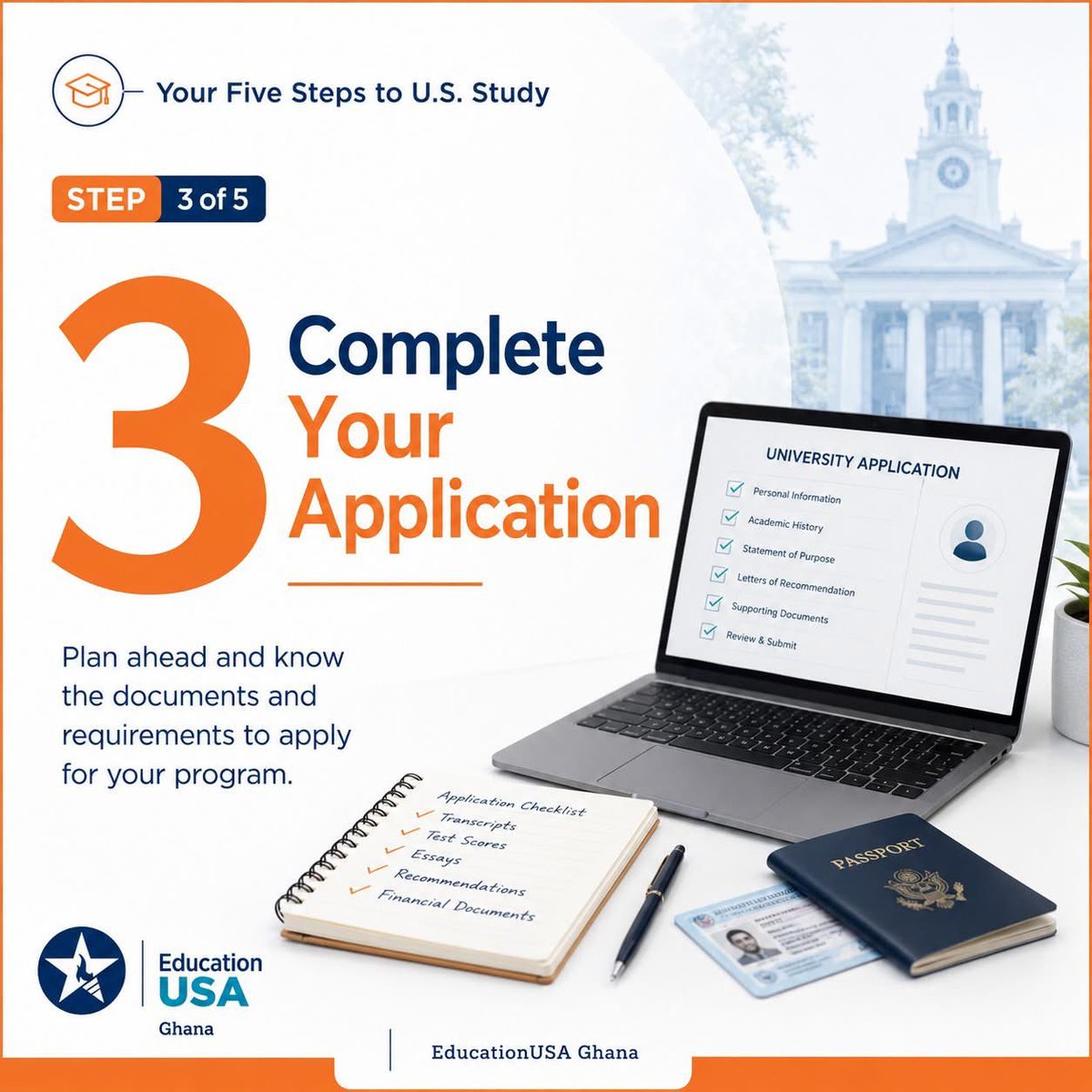 EdUSAGhana's tweet photo. Planning to pursue a degree in the United States? EducationUSA’s Five Steps to U.S. Study provides the trusted guidance and resources you need—from exploring your options to preparing for departure.
#EducationUSA #studyinamerica https://t.co/RTaMZnXlEB