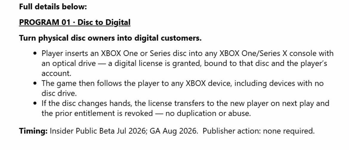 TheGameVerse's tweet photo. ⚠️ IMPORTANT

Xbox’s Disc-to-Digital feature allows only one active owner at a time. 

If you lend or sell the disc, the digital license transfers to the new owner and yours is automatically revoked. No duplication or abuse. https://t.co/zdPVS9fJTp