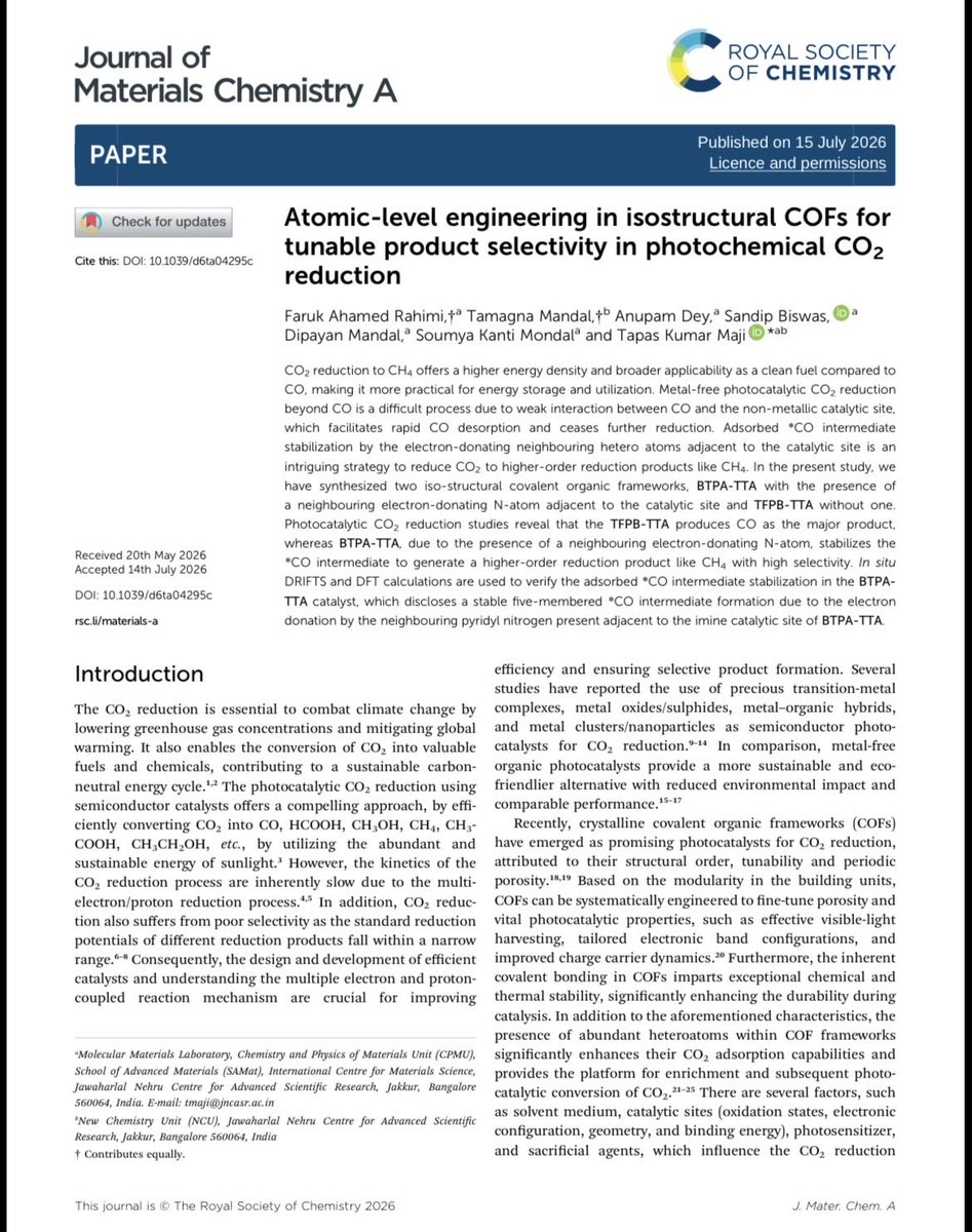 Sandip05022023's tweet photo. Excited to share our latest paper on atomic level engineering of metal-free COFs for tunable Photocatalytic CO2 reduction achieving selective CO or CH4 formation through *CO intermediate stabilization.
#COF #CO2reduction #Photocatalysis
Link: https://t.co/tUdt0m6CQE https://t.co/yQqIqO8brC