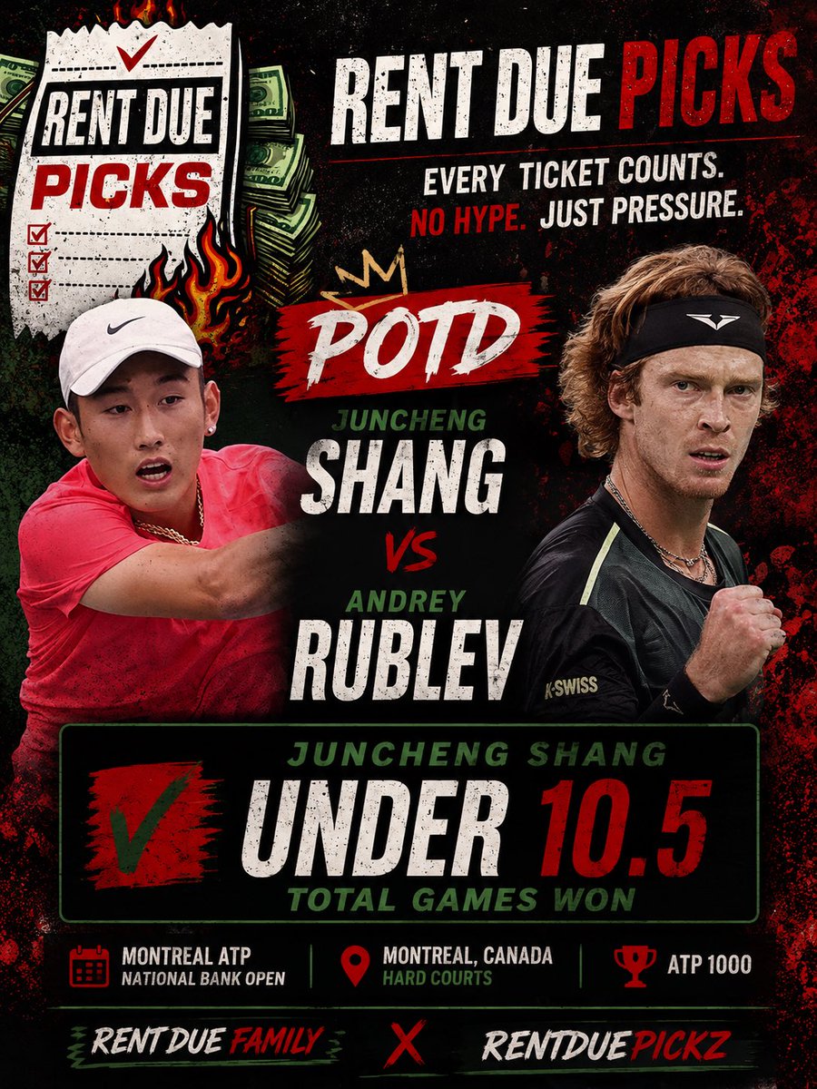 RentDuePickz's tweet photo. Tennis POTD 🎾

Backing Rublev in his first round matchup of his return to Montreal 🇨🇦

Expecting him to handle Shang in straights and advance to next round without too much of a sweat

If tailing, ❤️+ RT 
Pair in Discord📈
#RentDuePickz #Gambling𝕏 #POTD #TennisTalk #LinkBelow https://t.co/HCki36S46j