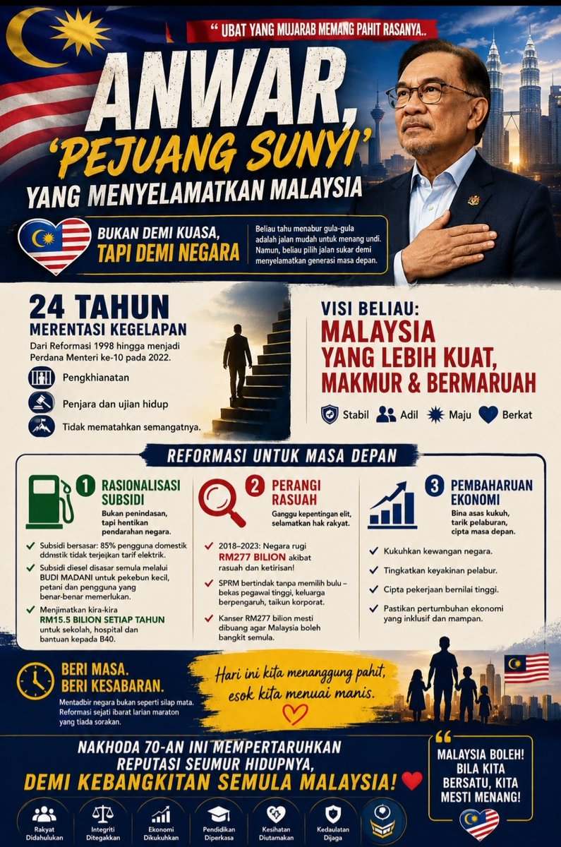 suliza_h's tweet photo. 🇲🇾 Reformasi bukan jalan mudah. Tetapi masa depan yang lebih baik tidak lahir daripada keputusan yang mudah.
Setuju?
#MalaysiaMADANI #Reformasi #JiwaMerdeka https://t.co/DLsBcw34Kq