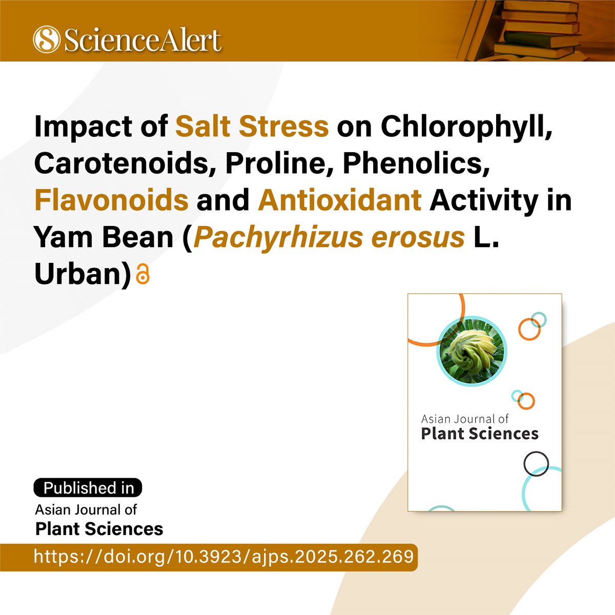 scialert's tweet photo. Impact of Salt Stress on Chlorophyll, Carotenoids, Proline, Phenolics, Flavonoids and Antioxidant Activity in Yam Bean (Pachyrhizus erosus L. Urban)
📖 Read the full article:
https://t.co/3MezoHRdqS
#ResearchPublication #PlantScience #PlantPhysiology #SaltStress #CropScience https://t.co/2WJL1g8C3E