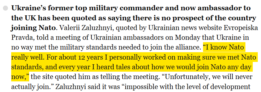 greenmoggy's tweet photo. Head of Ukrainian armed forces to 2022, Zaluzhny: "I know NATO really well. For about 12 years, I personally worked on making sure we met NATO standards, & every year I heard tales about how we would join NATO any day now." #EndNATO #SmashImperialism https://t.co/Hs2YVVUZUu https://t.co/nYwedWkvGr