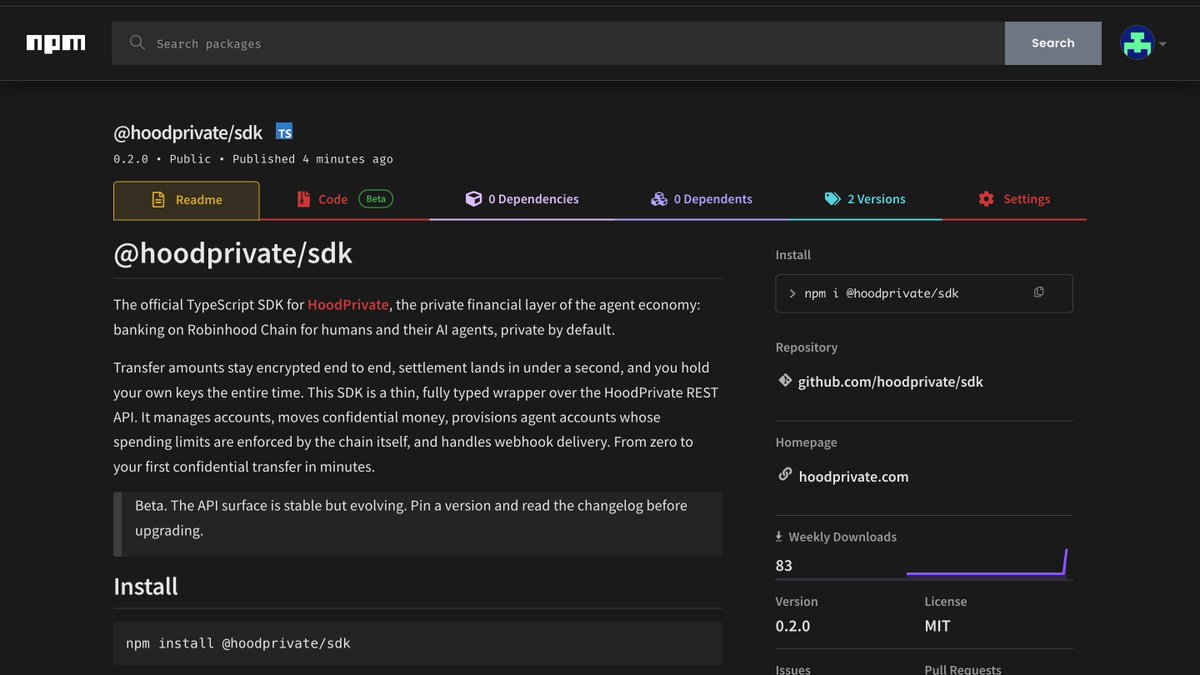 hoodprivatecom's tweet photo. Shipped 0.2.0 of the HoodPrivate SDK.

83 downloads and counting! Small number, real developers, and every one of them found us before we had anything to announce.

https://t.co/b96dsfE4NJ https://t.co/GUbUIwhtuc