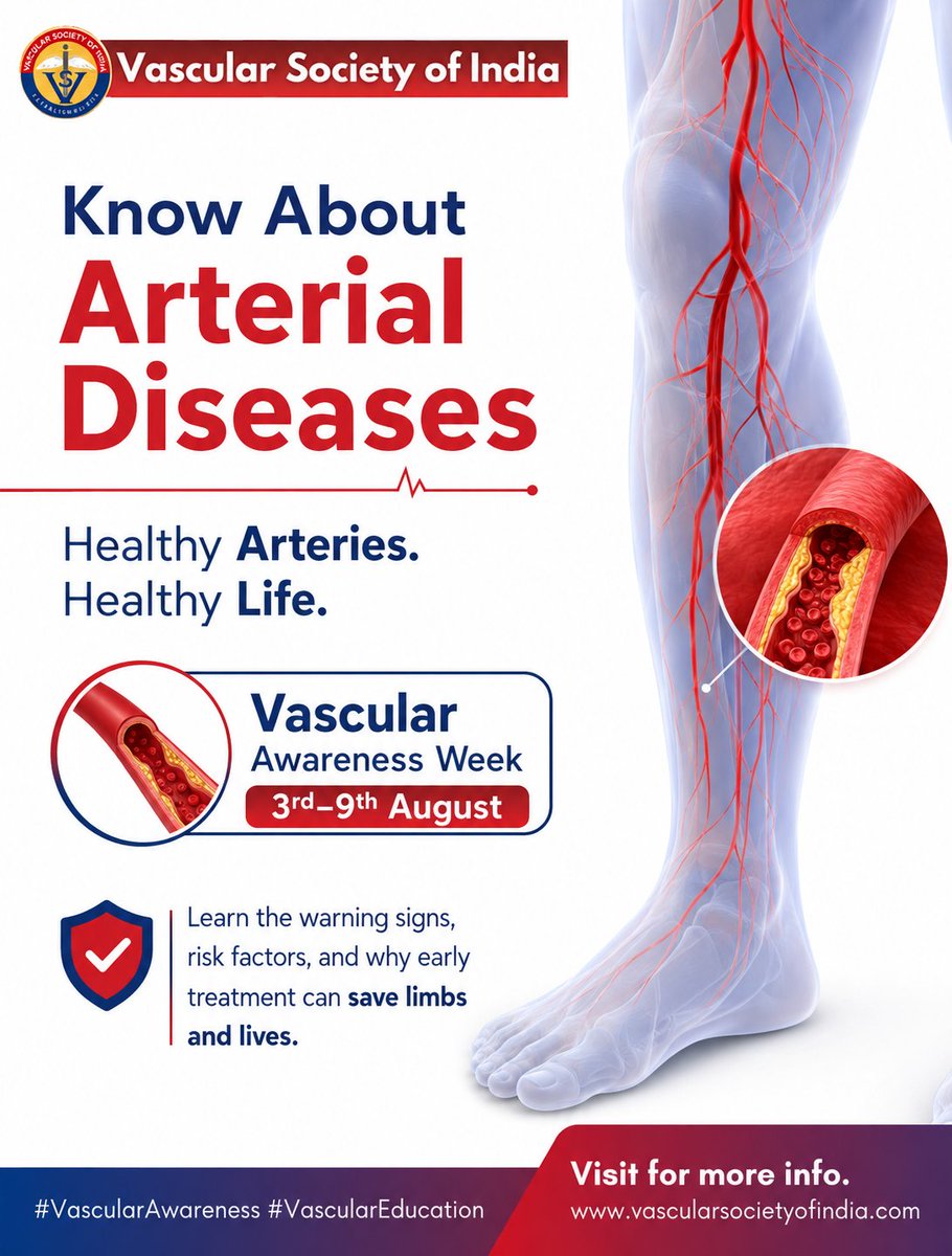Vascular_India's tweet photo. Vascular Awareness Week | 4th August – Arterial Diseases
🌐 Learn more: https://t.co/wzGO6d6YDK
#VascularAwarenessWeek #ArterialDiseases #PAD #VascularHealth #VascularSurgeon #EarlyDiagnosis #SaveLimbsSaveLives #VascularSocietyOfIndia #4thAugust https://t.co/S5VBPjQinY