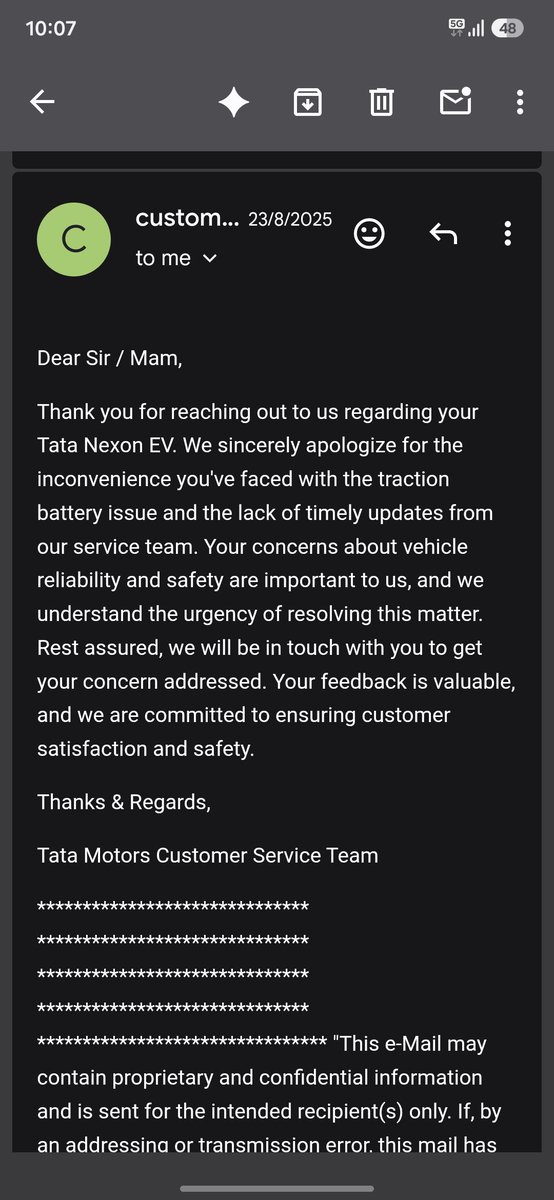 Manjitmahala1's tweet photo. @Tataev @tata_cars

स्क्रीनशॉट 23-08-2025 का है।

उस दिन आपने बैटरी समस्या स्वीकार की और समाधान का आश्वासन दिया था।

आज लगभग 1 साल बाद भी वही समस्या जारी है, और अब आपकी तरफ़ ���े जवाब भी नहीं आ रहा।

क्या एक ग्राहक इससे बेहतर व्यवहार का हकदार नहीं है?

#WhyTataGoSilent https://t.co/FmX7n3wxGs